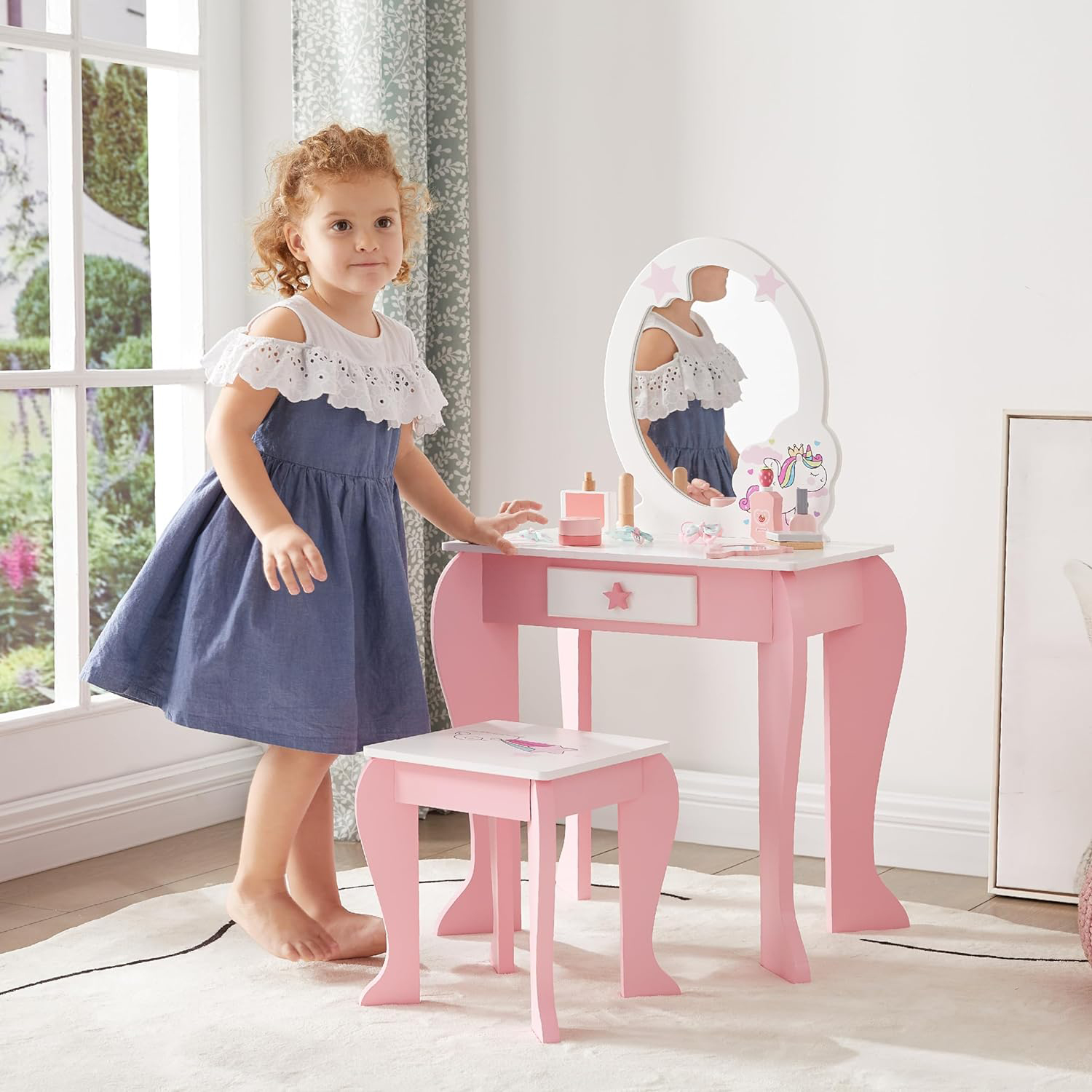 wf016 Pretend Play Kids Vanity Table and Chair